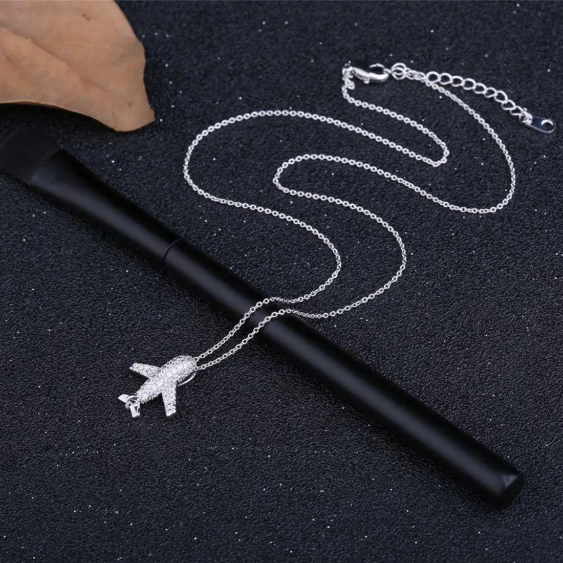 CZ Aircraft Airplane Crystal Pendant Necklace