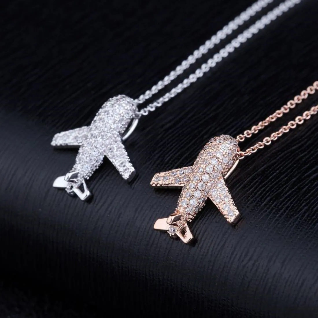 CZ Aircraft Airplane Crystal Pendant Necklace