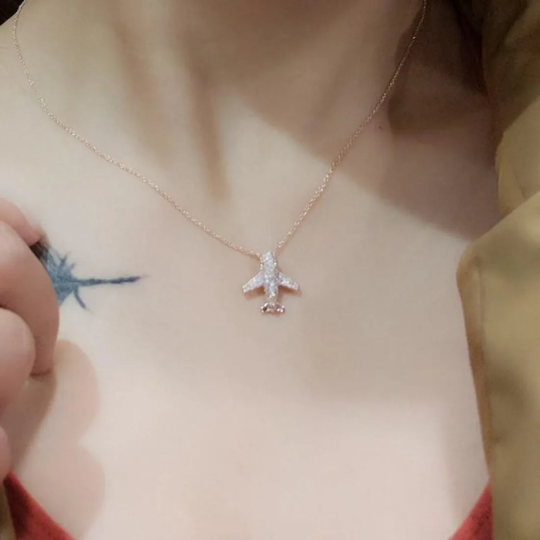 CZ Aircraft Airplane Crystal Pendant Necklace