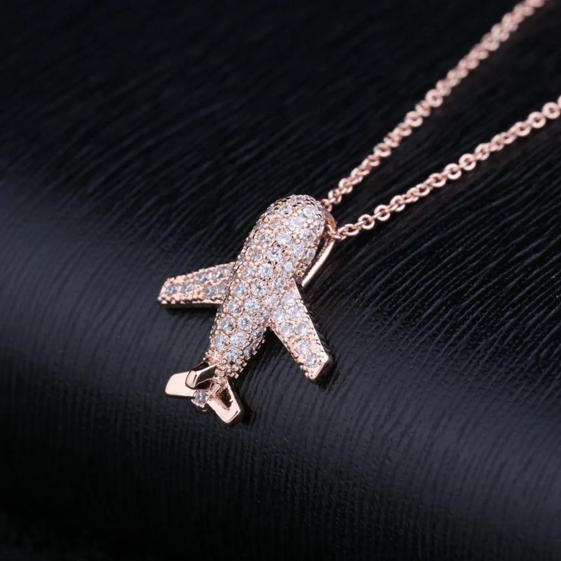 CZ Aircraft Airplane Crystal Pendant Necklace