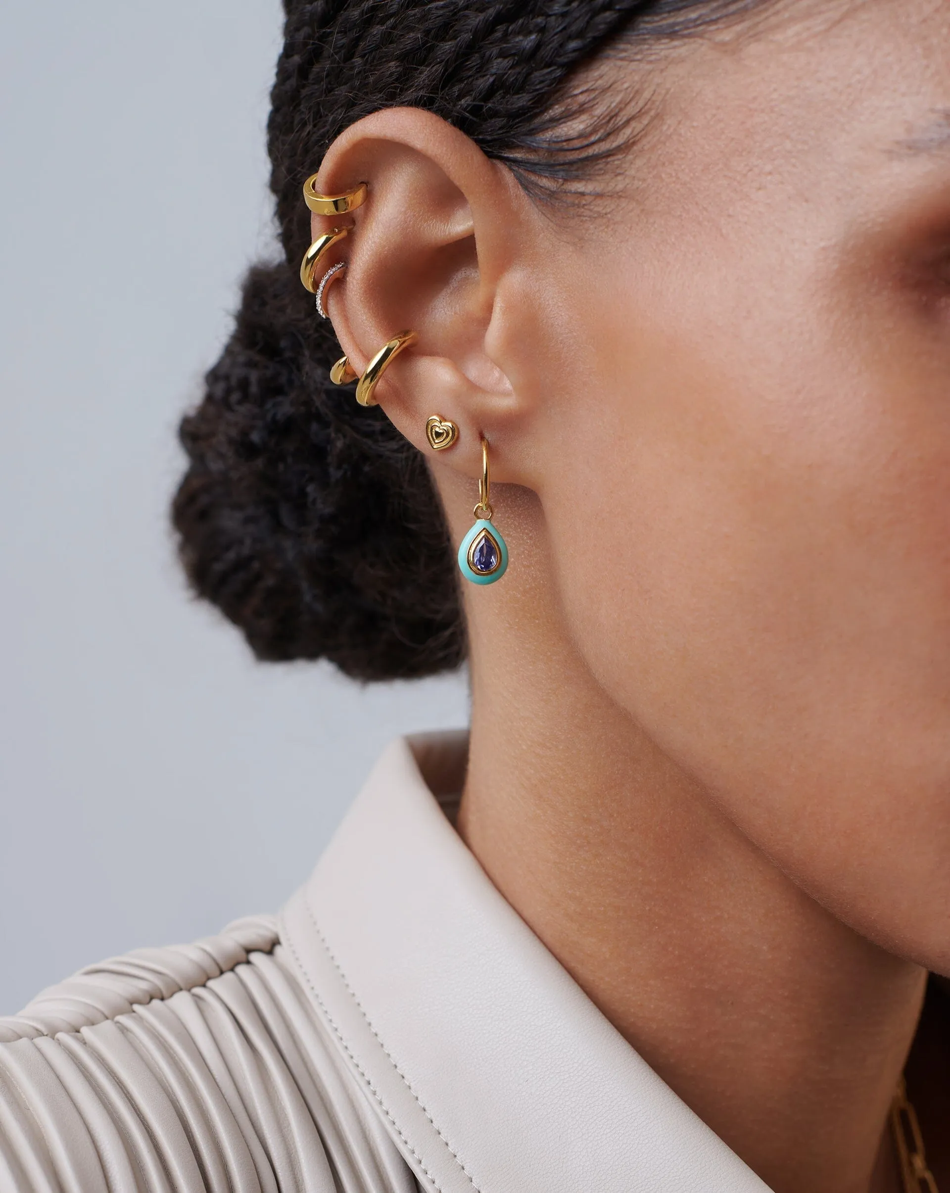 Enamel & Stone Droplet Charm Mini Hoop Earrings | 18ct Gold Plated Vermeil/Blue Cubic Zirconia