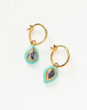 Enamel & Stone Droplet Charm Mini Hoop Earrings | 18ct Gold Plated Vermeil/Blue Cubic Zirconia