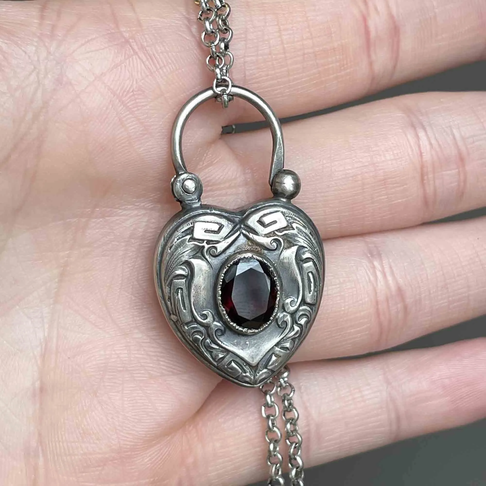 Engraved Silver Garnet Heart Padlock Pendant Necklace