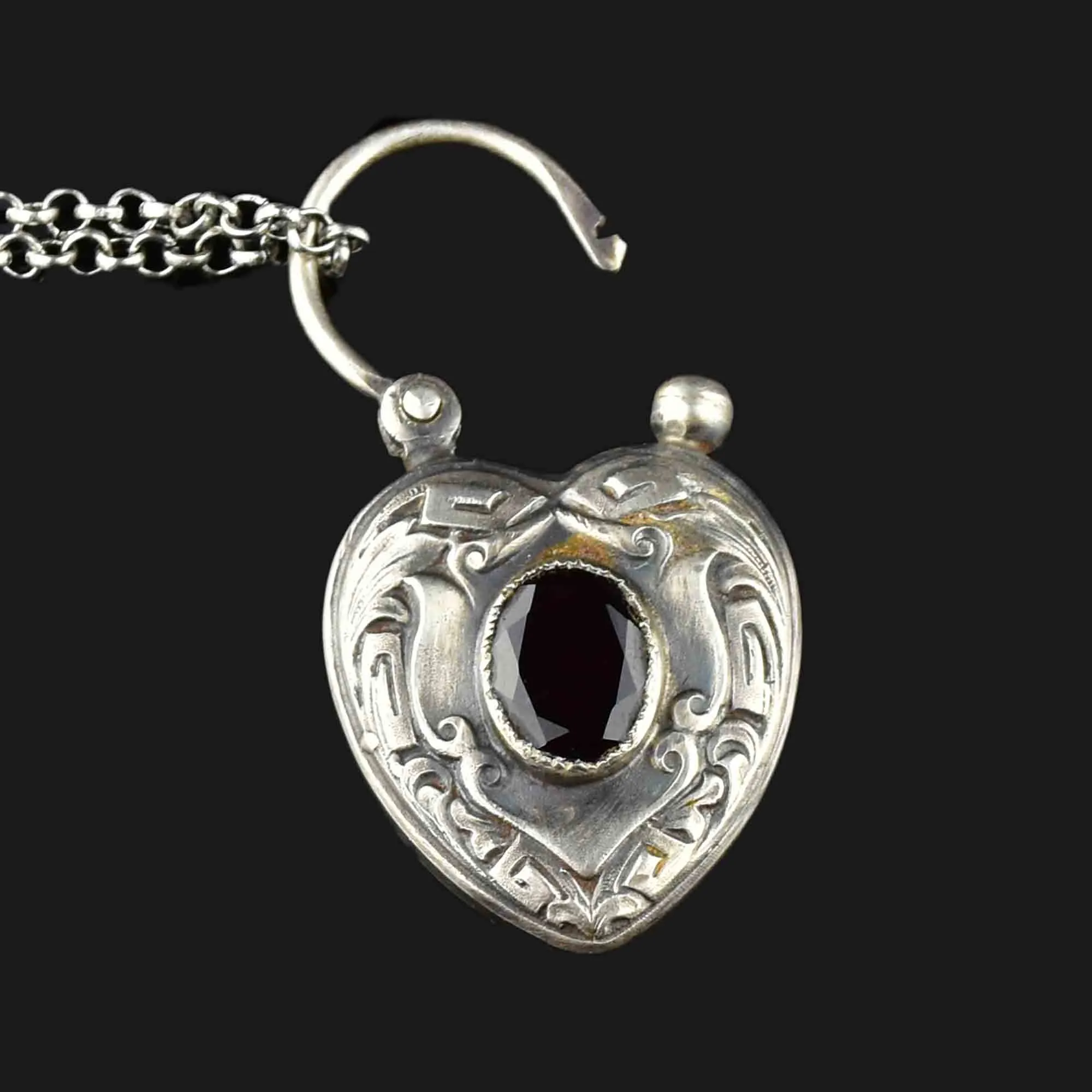 Engraved Silver Garnet Heart Padlock Pendant Necklace