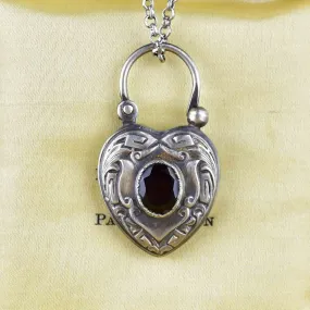 Engraved Silver Garnet Heart Padlock Pendant Necklace