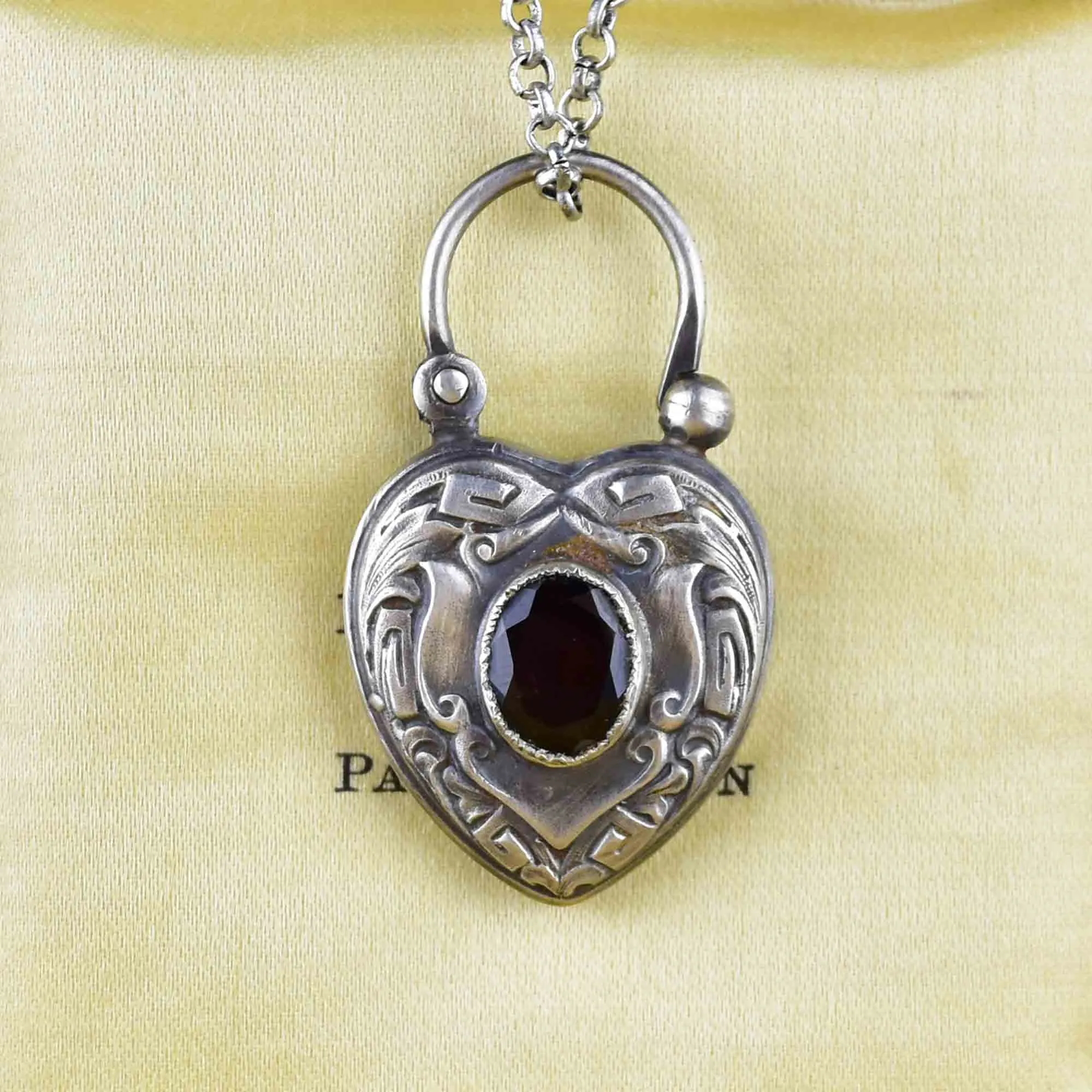 Engraved Silver Garnet Heart Padlock Pendant Necklace