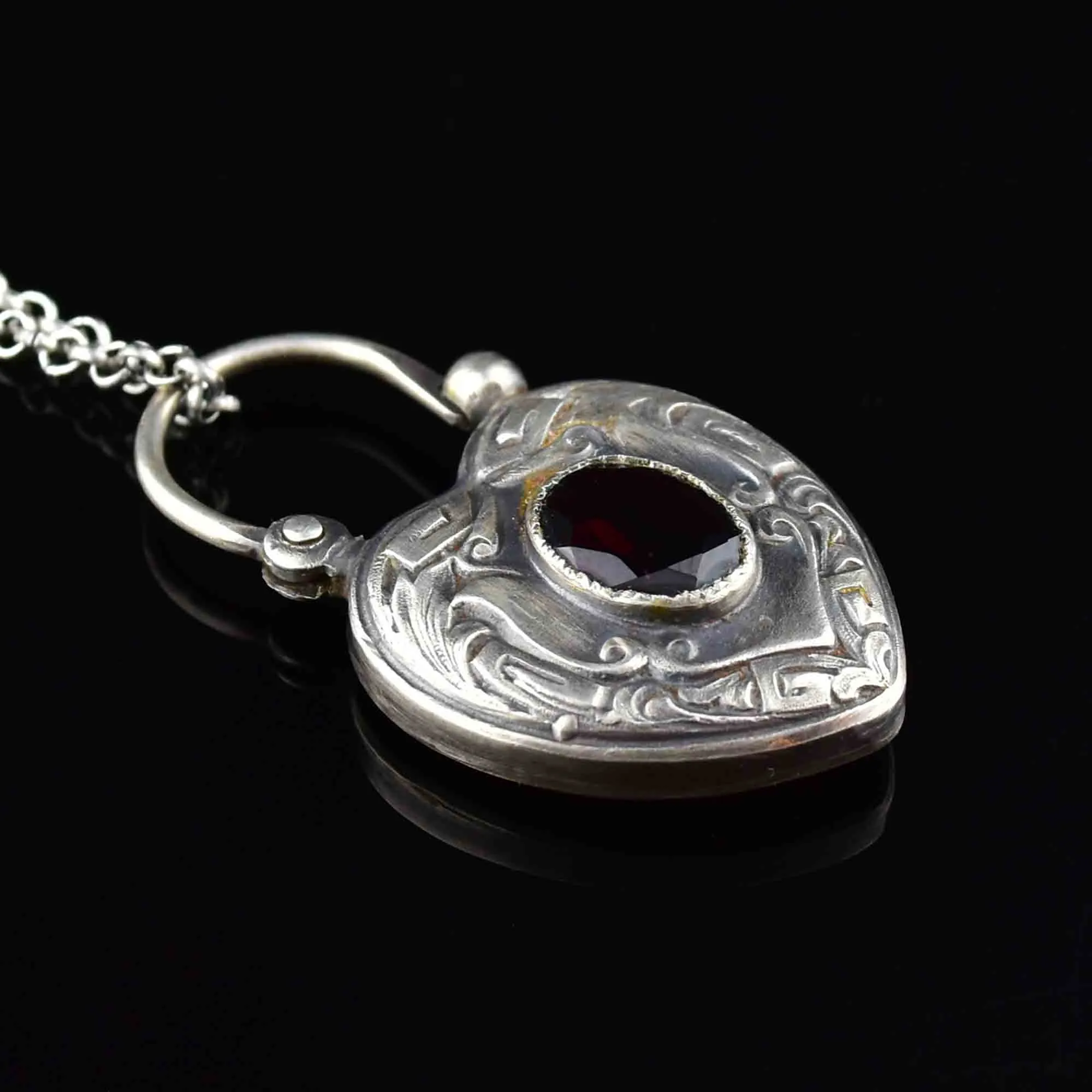 Engraved Silver Garnet Heart Padlock Pendant Necklace