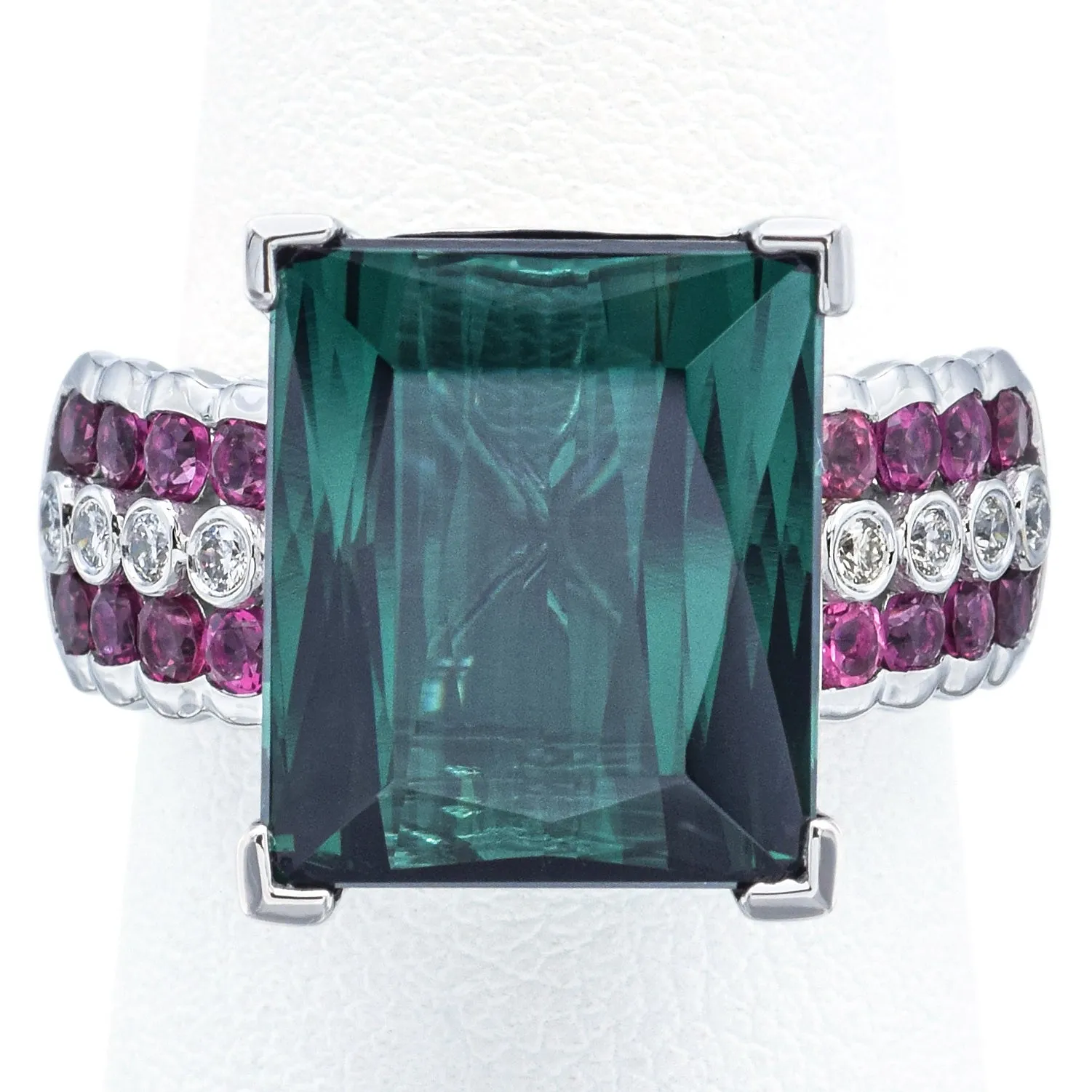 Estate 14K White Gold 8.04 Ct Green Tourmaline, Pink Tourmaline & Diamond Cocktail Ring