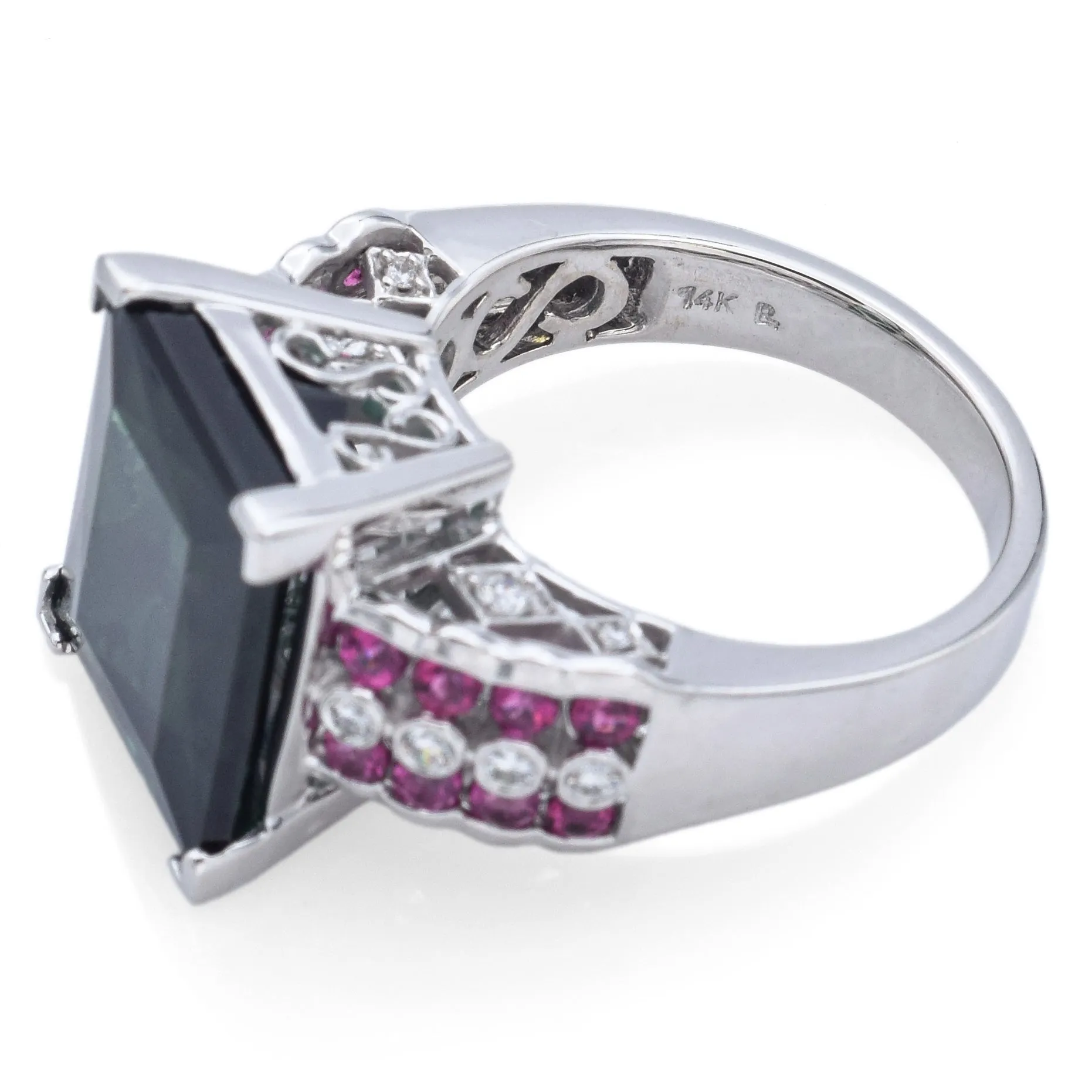 Estate 14K White Gold 8.04 Ct Green Tourmaline, Pink Tourmaline & Diamond Cocktail Ring