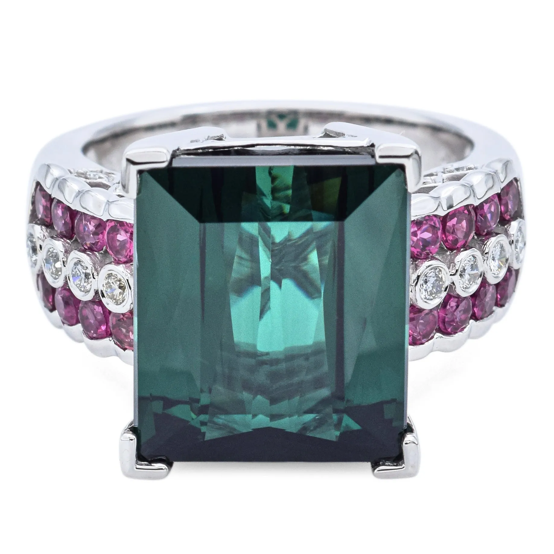 Estate 14K White Gold 8.04 Ct Green Tourmaline, Pink Tourmaline & Diamond Cocktail Ring