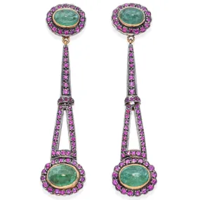 Estate 18K Gold & Sterling Silver Himalayan Pink Sapphire Emerald Drop Earrings