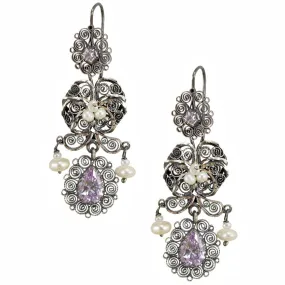 Frida Kahlo Silver Filigree Jardin Earrings from Oaxaca - Light Purple Crystals