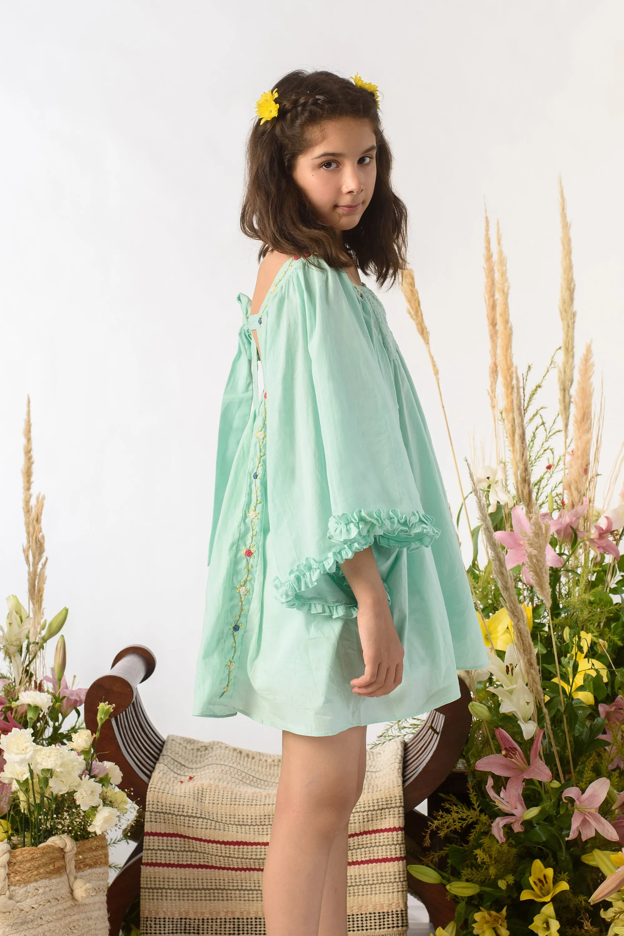 Garland Bow- Floral Embroidered Organic Cotton Dress For Girls