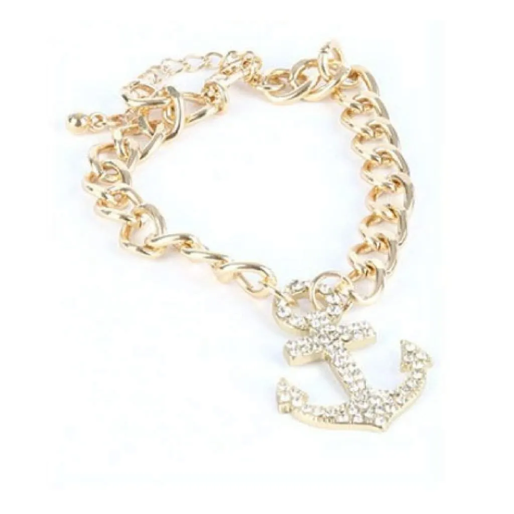 Gold and Crystal Anchor Charm Bracelet