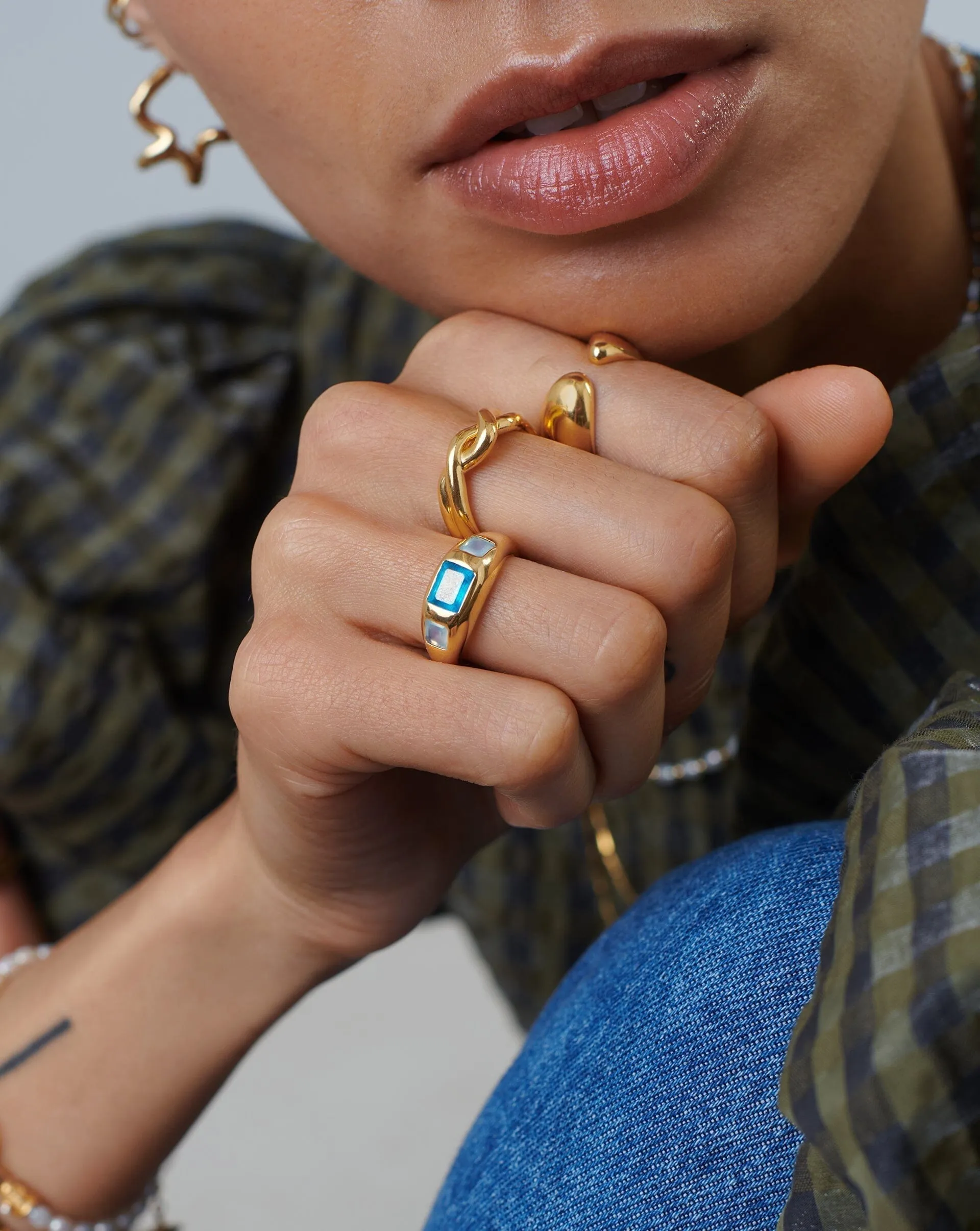 Good Vibes Triple Gemstone Statement Ring | 18ct Gold Plated/Petrol Blue Quartz & Aqua Chalcedony