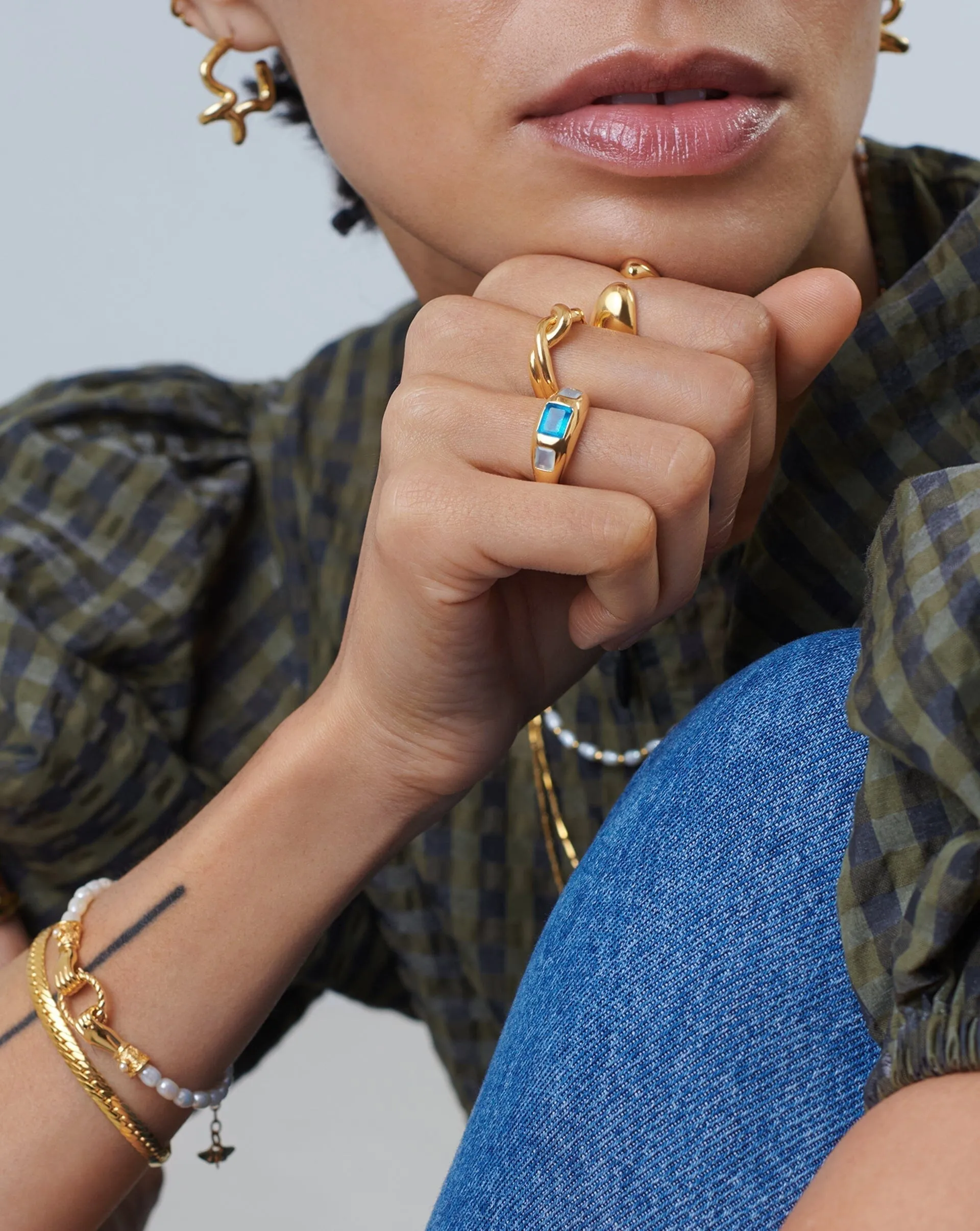 Good Vibes Triple Gemstone Statement Ring | 18ct Gold Plated/Petrol Blue Quartz & Aqua Chalcedony