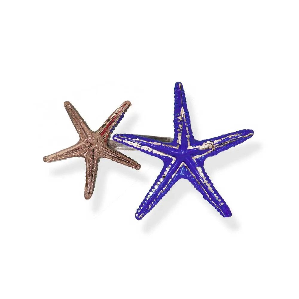 Handmade Bronze Silver Blue Double Starfish Ring