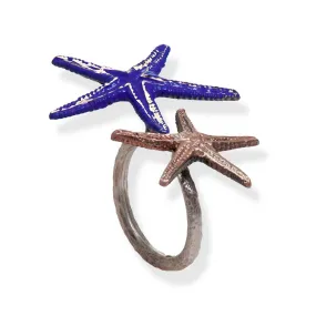 Handmade Bronze Silver Blue Double Starfish Ring