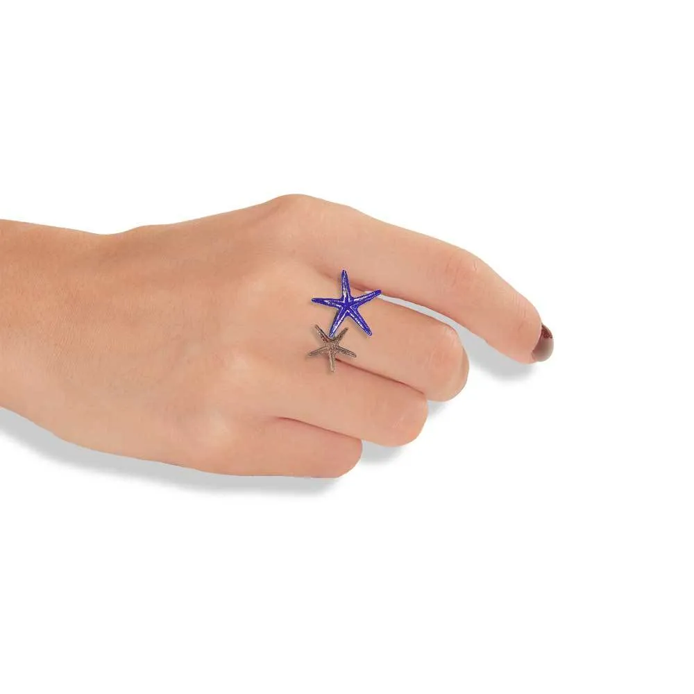 Handmade Bronze Silver Blue Double Starfish Ring