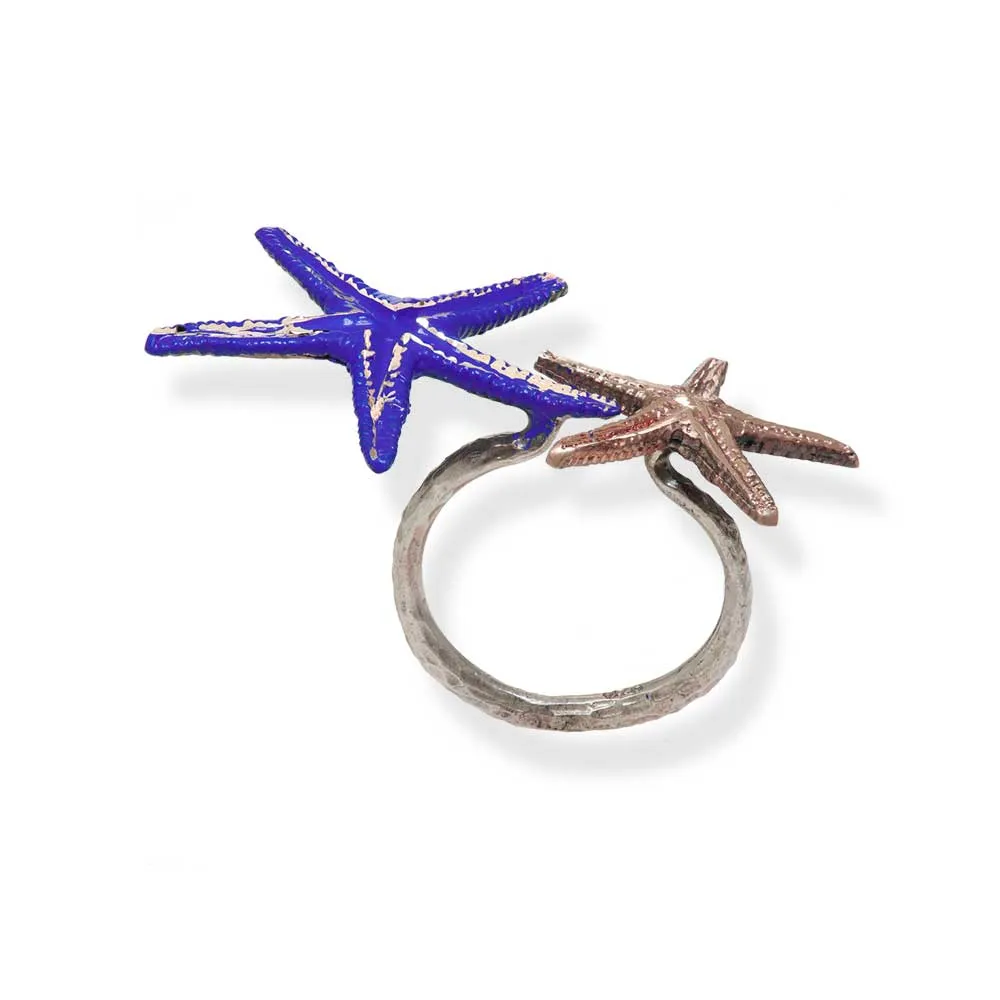 Handmade Bronze Silver Blue Double Starfish Ring