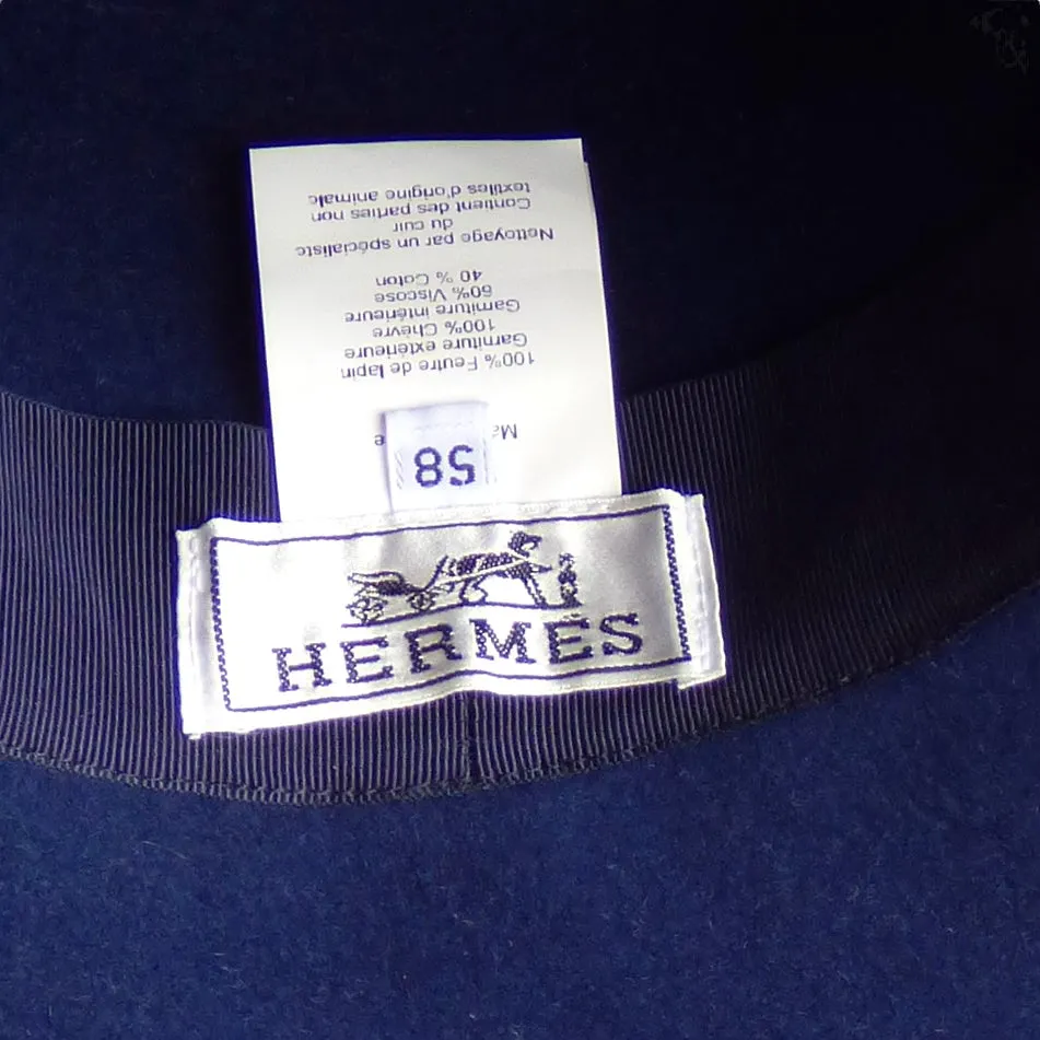 HERMES- Blue Felt Wide Brim Hat, Size 58