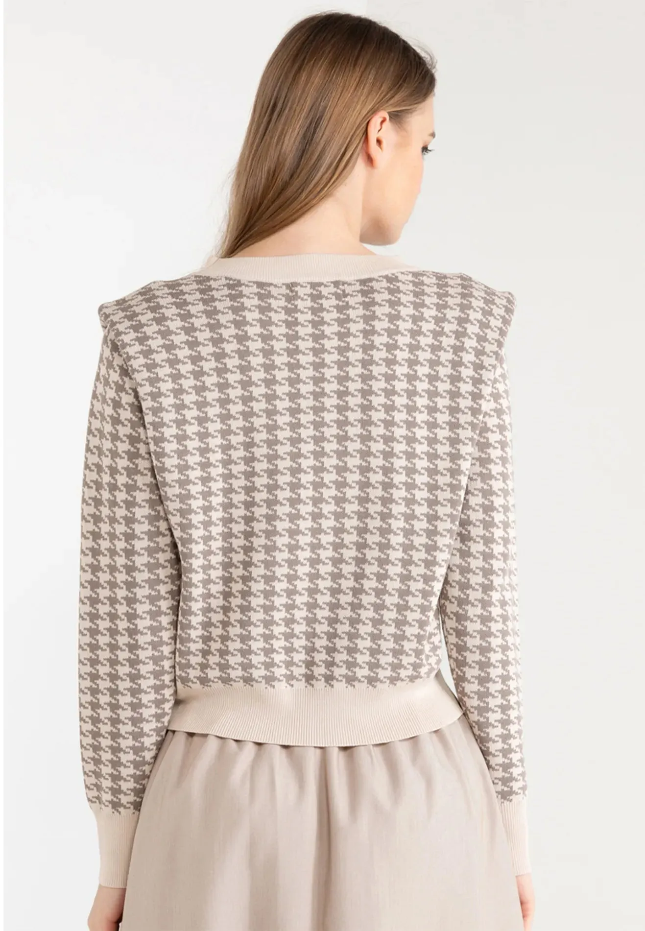 Houndstooth Shoulder Padded Knit Top