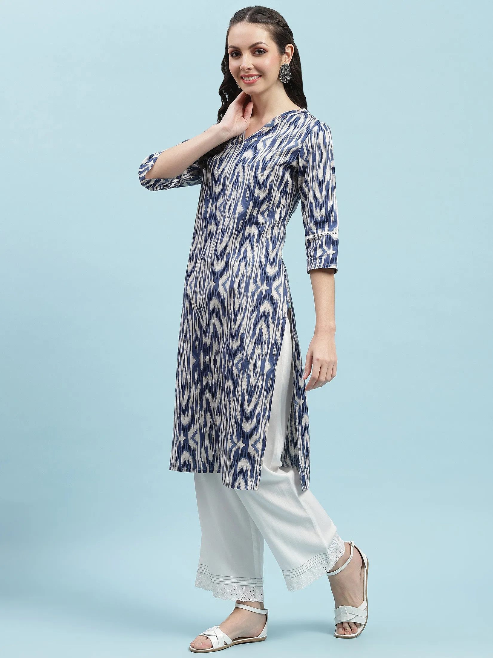 Indiessence Navy Blue Cotton Printed Kurta