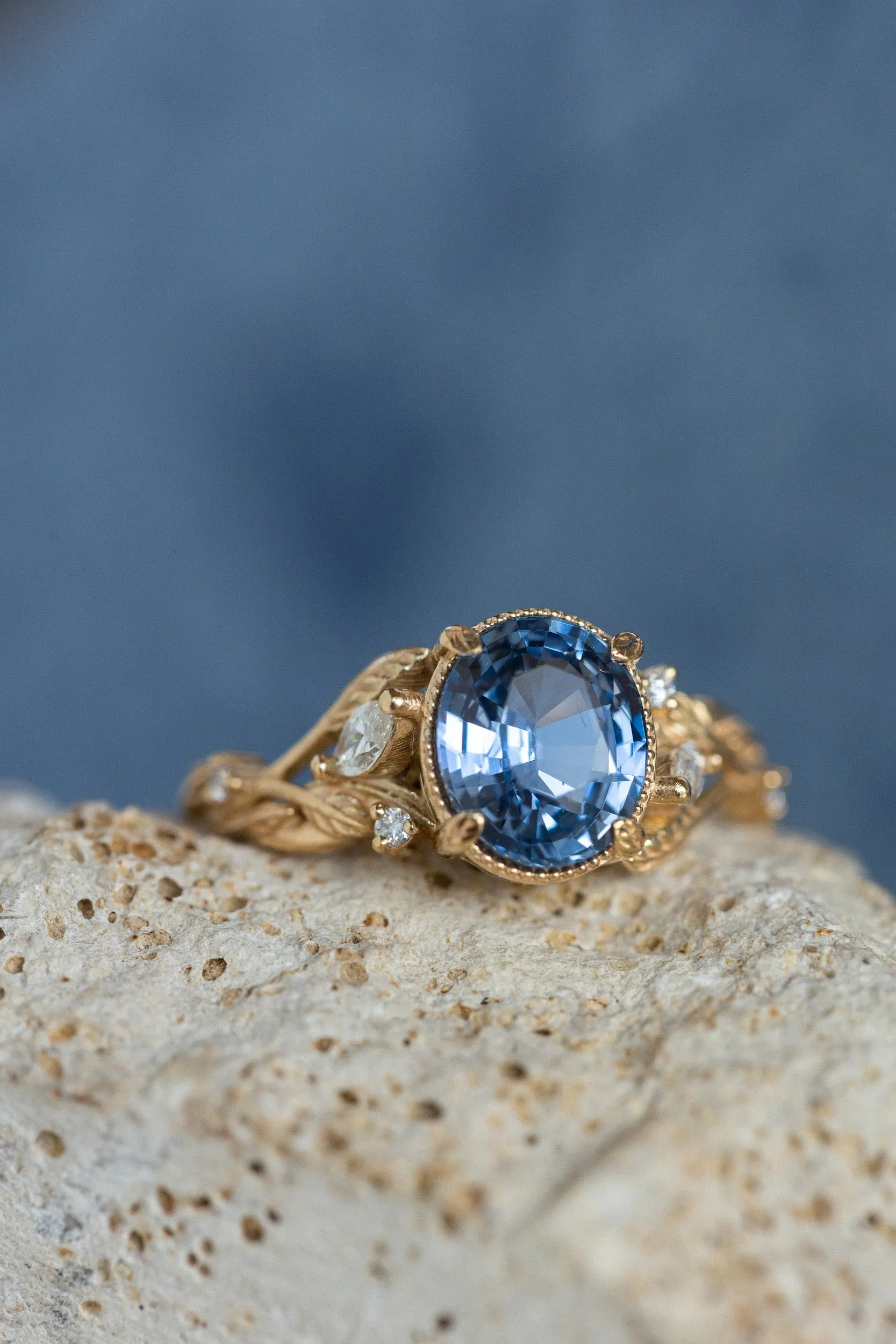 Light blue sapphire bridal ring set, gold branch engagement ring with diamonds / Patricia