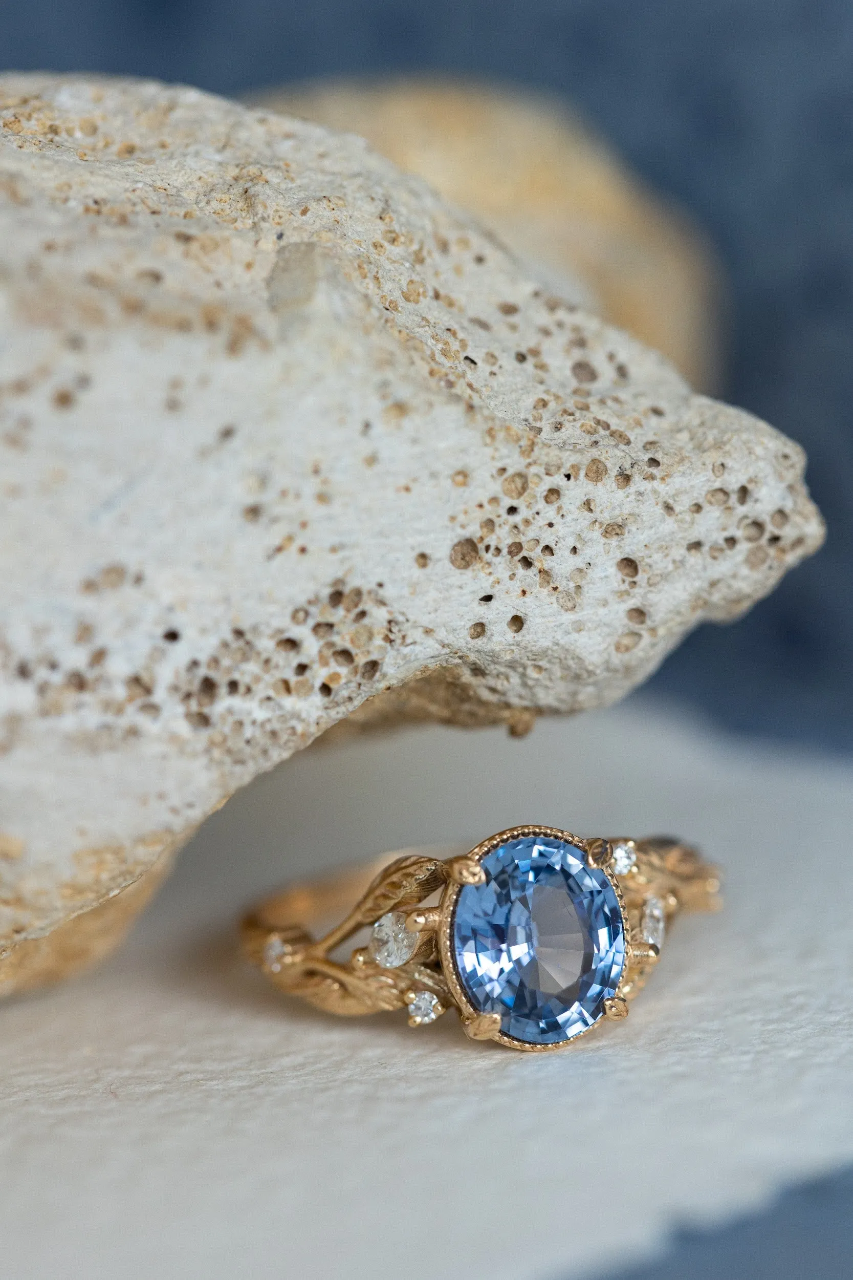 Light blue sapphire bridal ring set, gold branch engagement ring with diamonds / Patricia