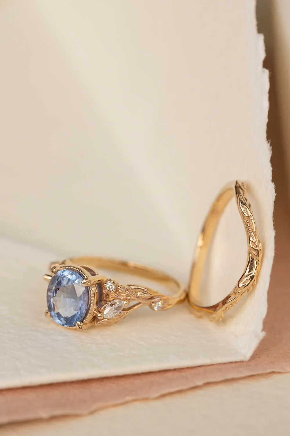 Light blue sapphire bridal ring set, gold branch engagement ring with diamonds / Patricia