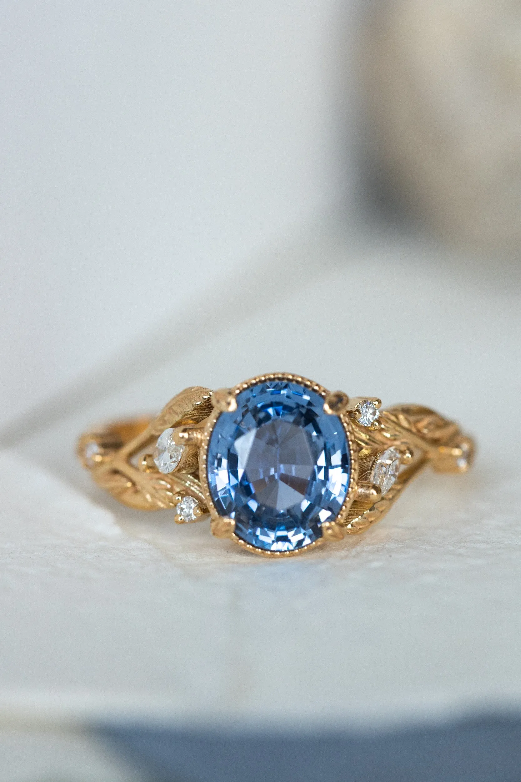 Light blue sapphire bridal ring set, gold branch engagement ring with diamonds / Patricia