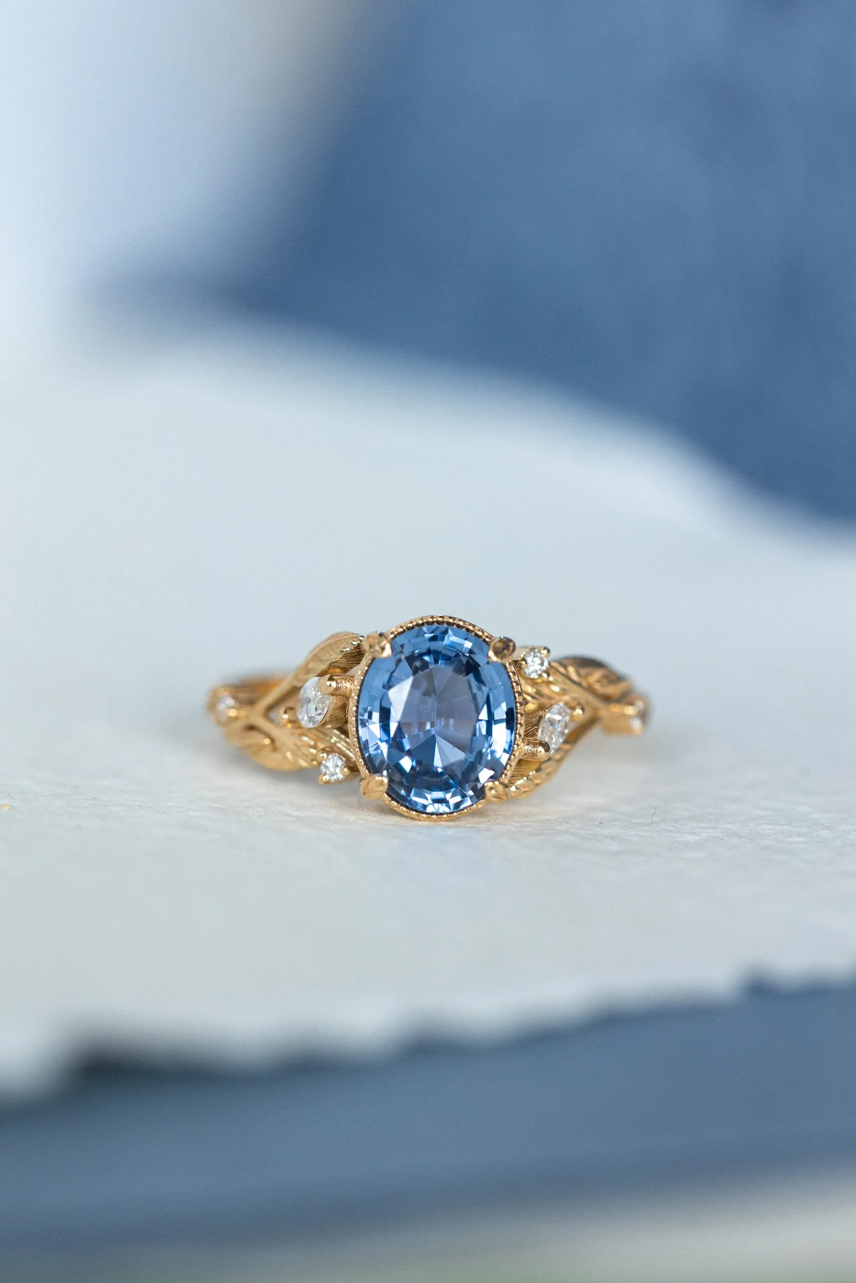 Light blue sapphire bridal ring set, gold branch engagement ring with diamonds / Patricia