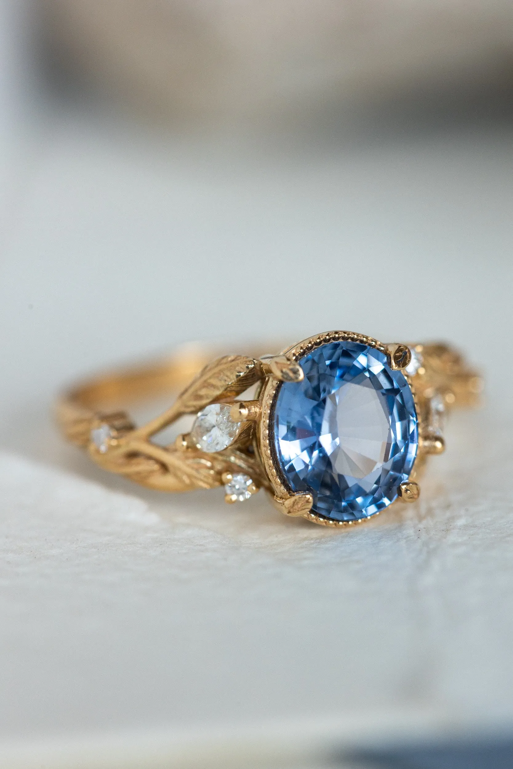 Light blue sapphire bridal ring set, gold branch engagement ring with diamonds / Patricia