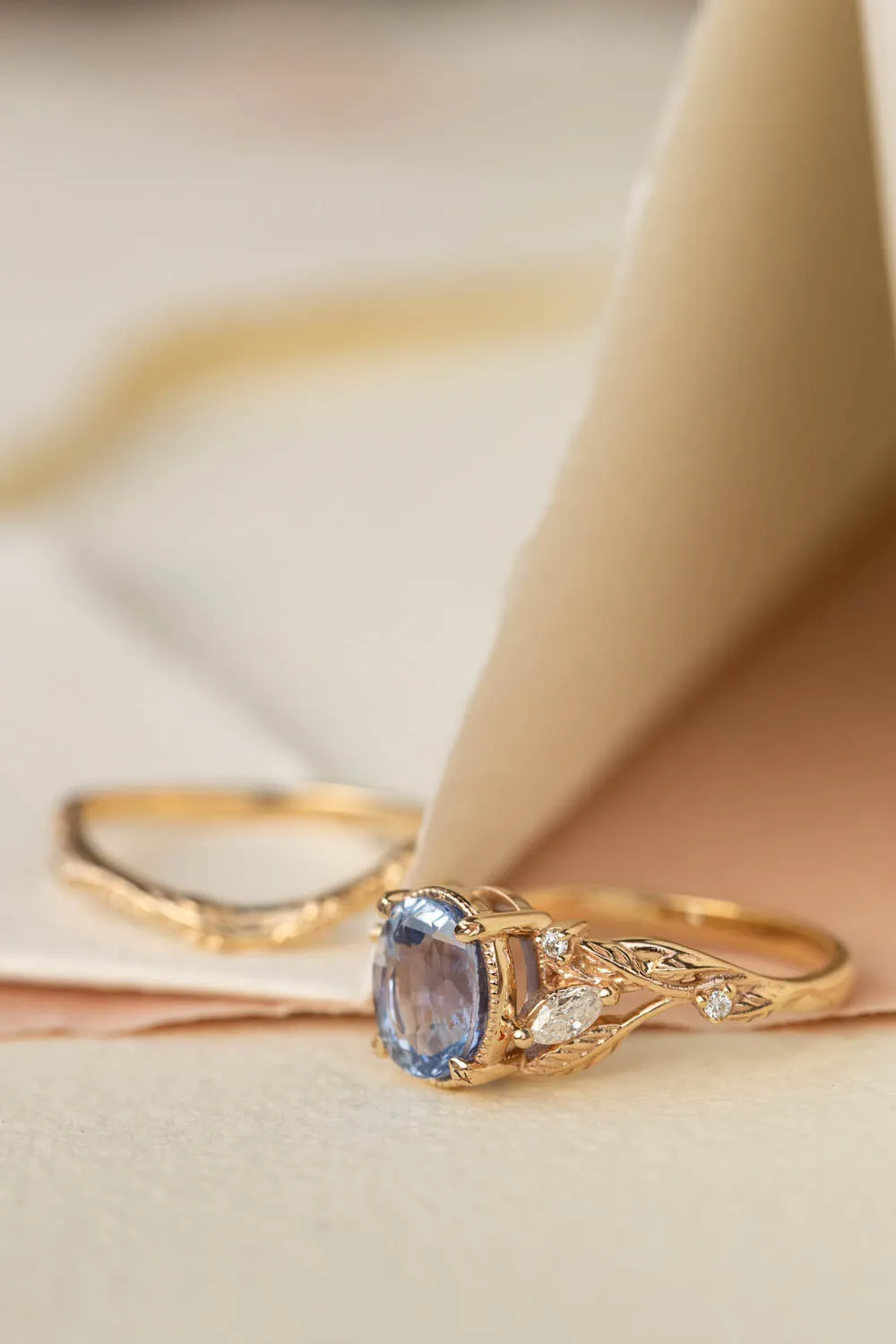 Light blue sapphire bridal ring set, gold branch engagement ring with diamonds / Patricia