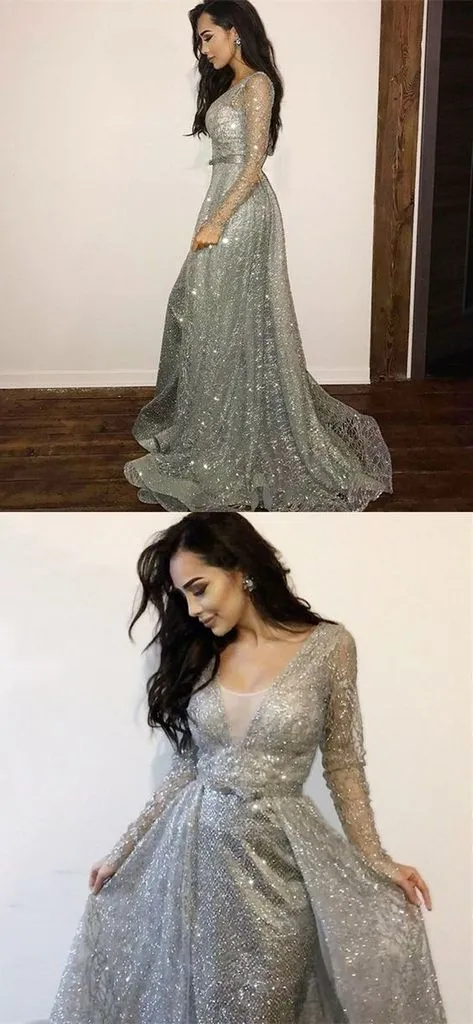 Long Sleeve Sequins Prom Dress V Neck Silver Vintage Prom Dress #ER562