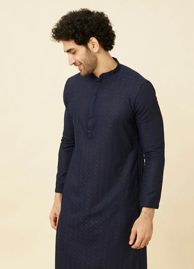 Manyawar Navy Blue Diamond Chikankari Patterned Kurta Set