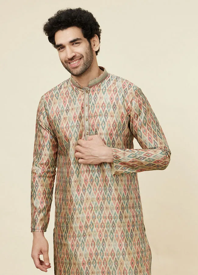 Manyawar Pista Green and Beige Diamond Patterned Kurta Set