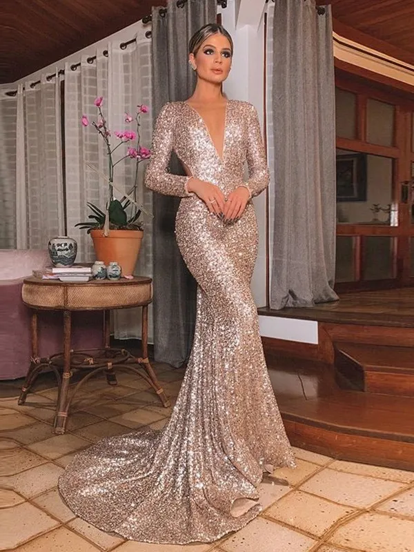 Mermaid Sexy Prom Dress Long Sleeve Backless Sequins Prom Dress ER2055