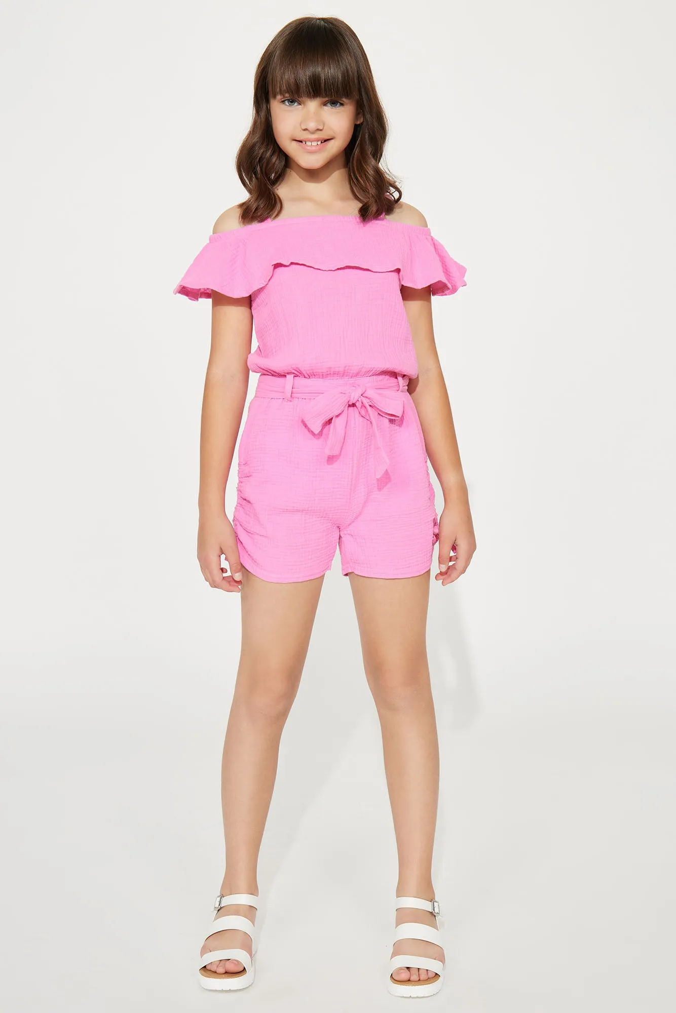 Mini Cotton Gauze Cold Shoulder Romper - Neon Pink