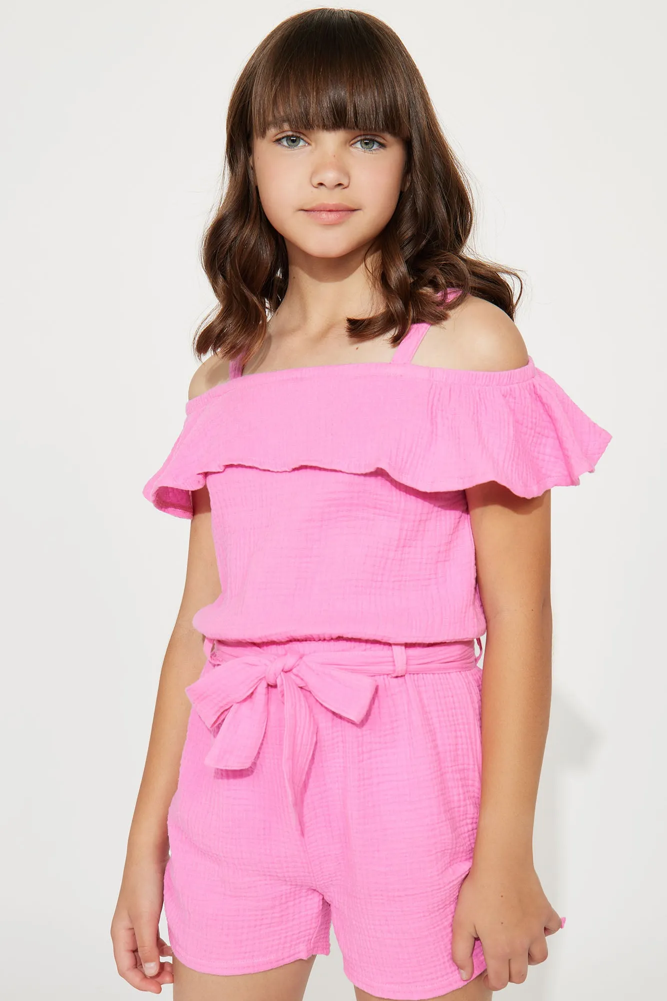 Mini Cotton Gauze Cold Shoulder Romper - Neon Pink