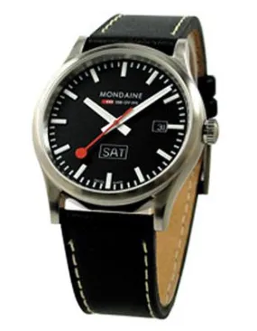 Mondaine Sport - Gents Day/Date - Stainless - Black Dial - Black Leather Strap