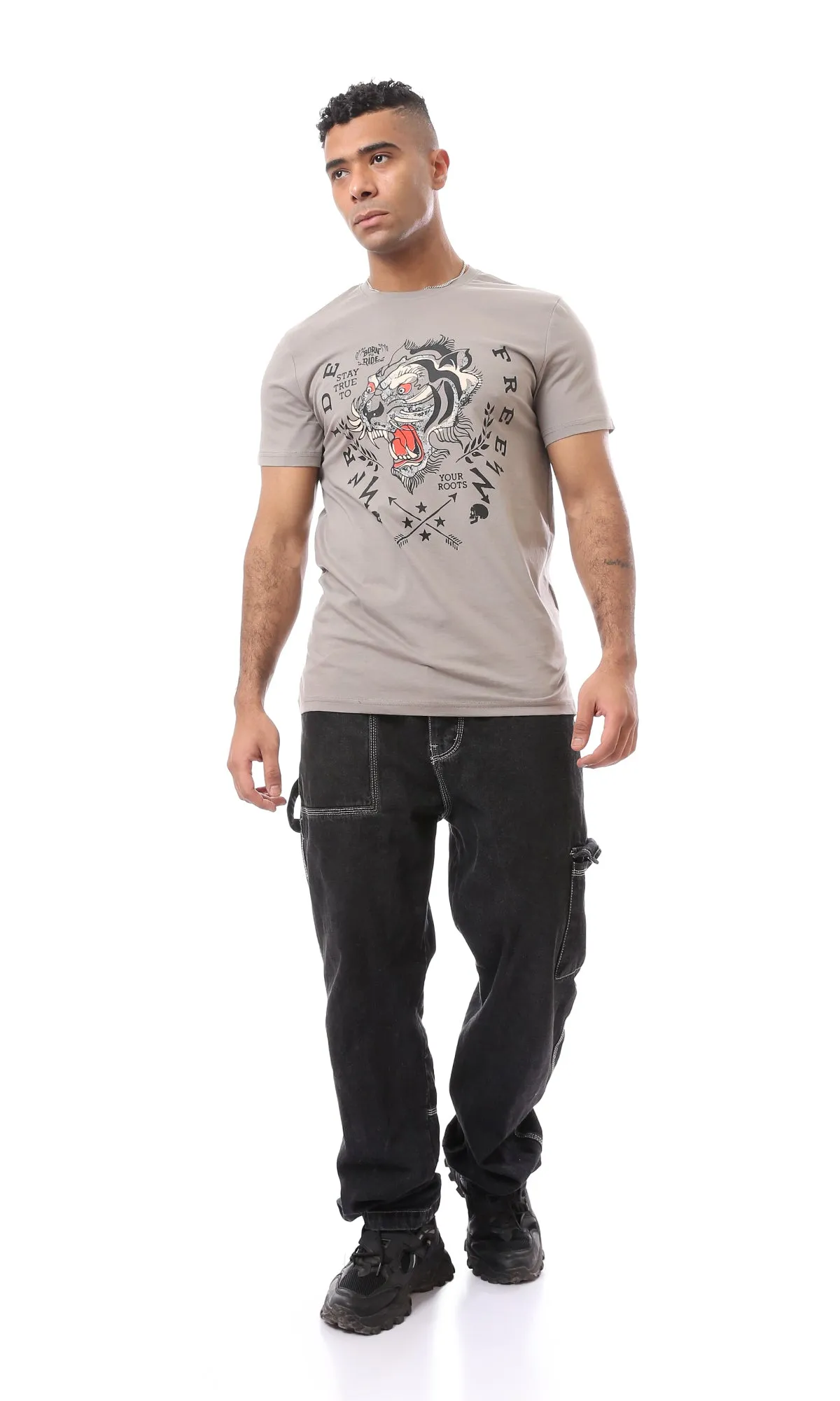 O167308 Tiger Ride Free Front & Back Printed Light Taupe Tee