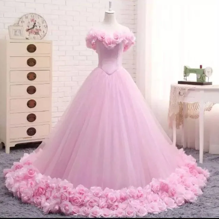 Off the Shoulder Ball Gown Prom Dress Flowers Decorated Wedding Gowns with Train #ER2172