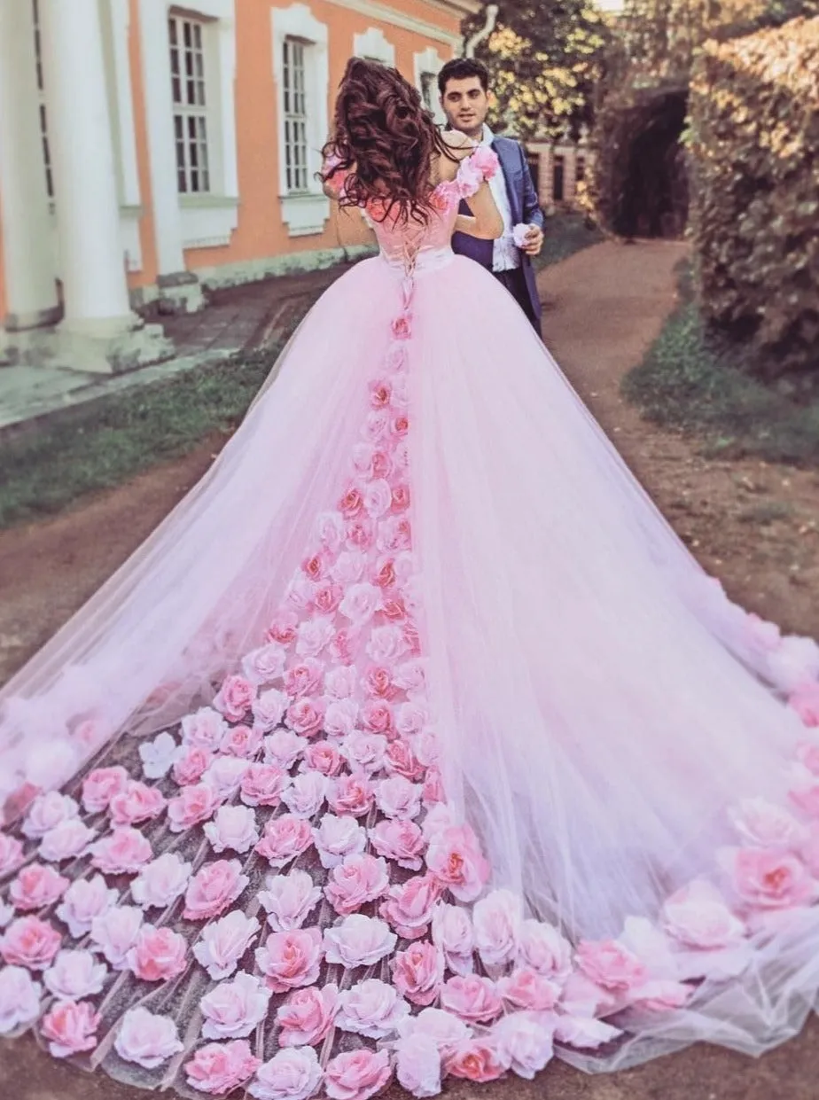 Off the Shoulder Ball Gown Prom Dress Flowers Decorated Wedding Gowns with Train #ER2172