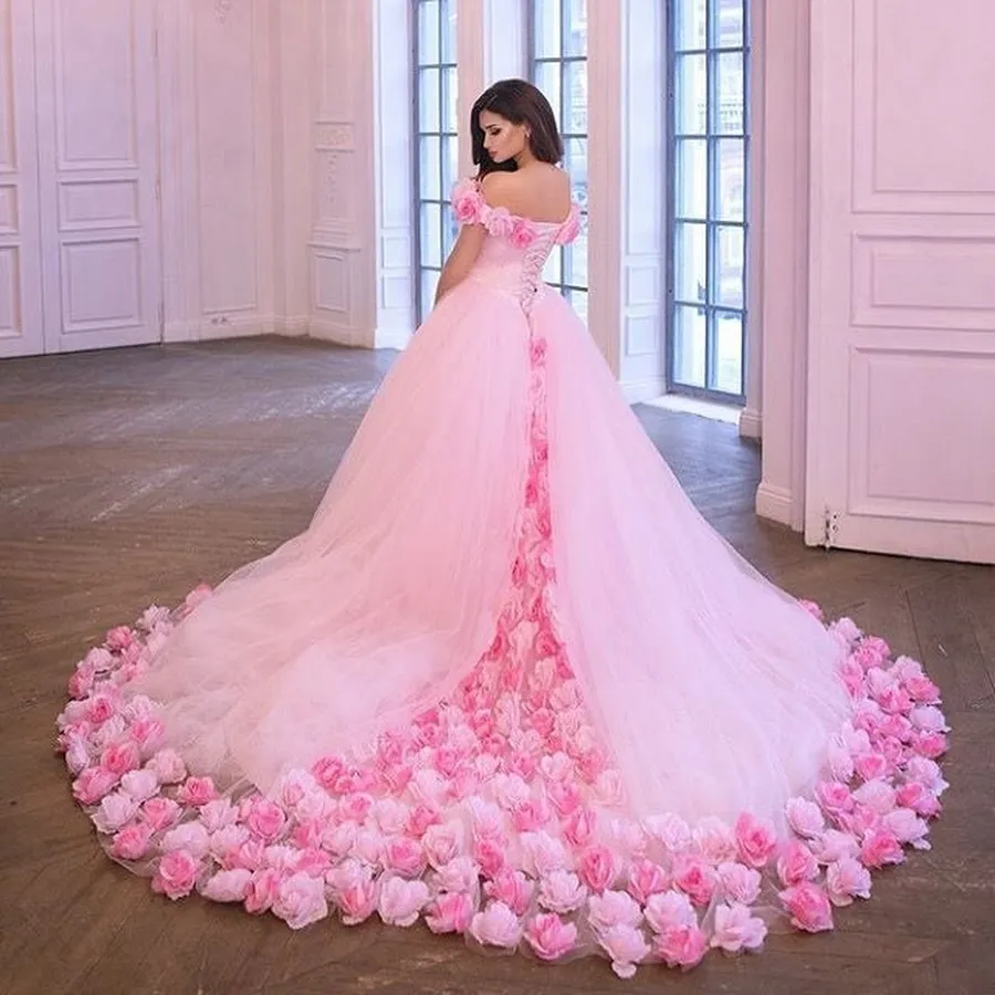 Off the Shoulder Ball Gown Prom Dress Flowers Decorated Wedding Gowns with Train #ER2172