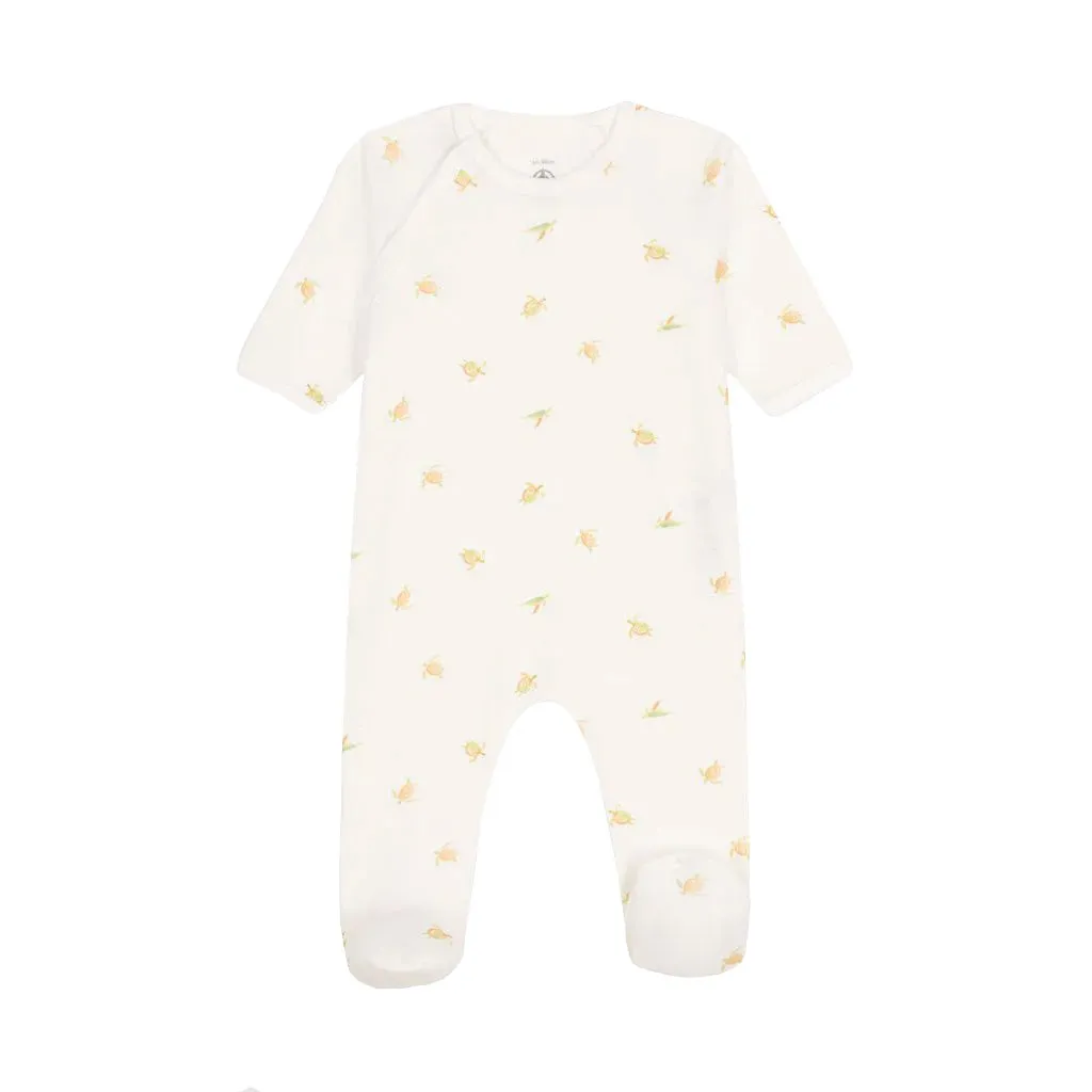 Petit Bateau Organic Cotton Side Snap Footie - Turtle Print - White