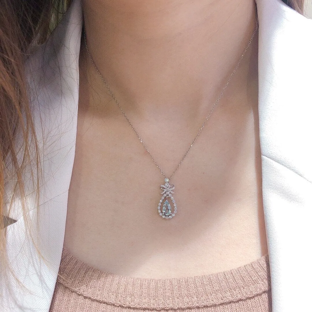 Pretty Bowknot Pear Blue Aquamarine Necklace