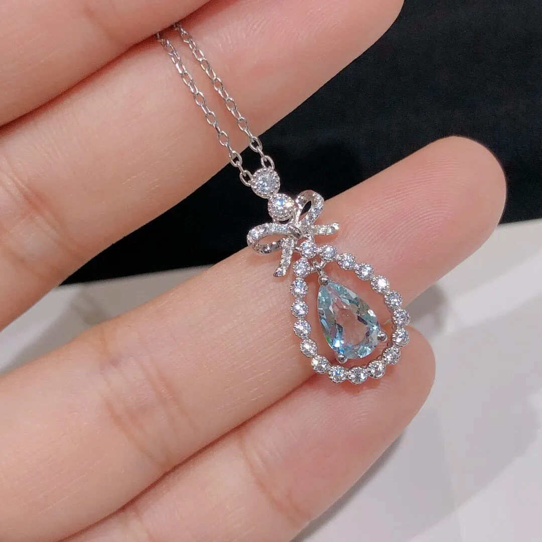 Pretty Bowknot Pear Blue Aquamarine Necklace