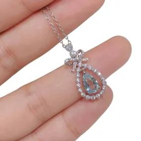 Pretty Bowknot Pear Blue Aquamarine Necklace