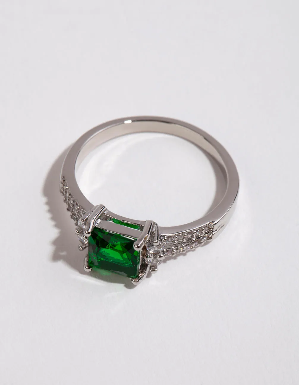 Rhodium Square Emerald Cubic Zirconia Ring